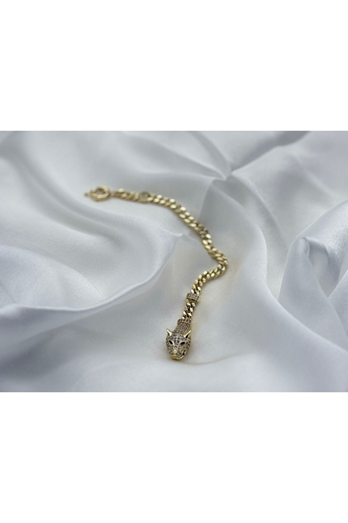 Xopıng Kaplan Başlı Zirkon Taşlı Model Kadın Bileklik Renk 14 Ayar Altın