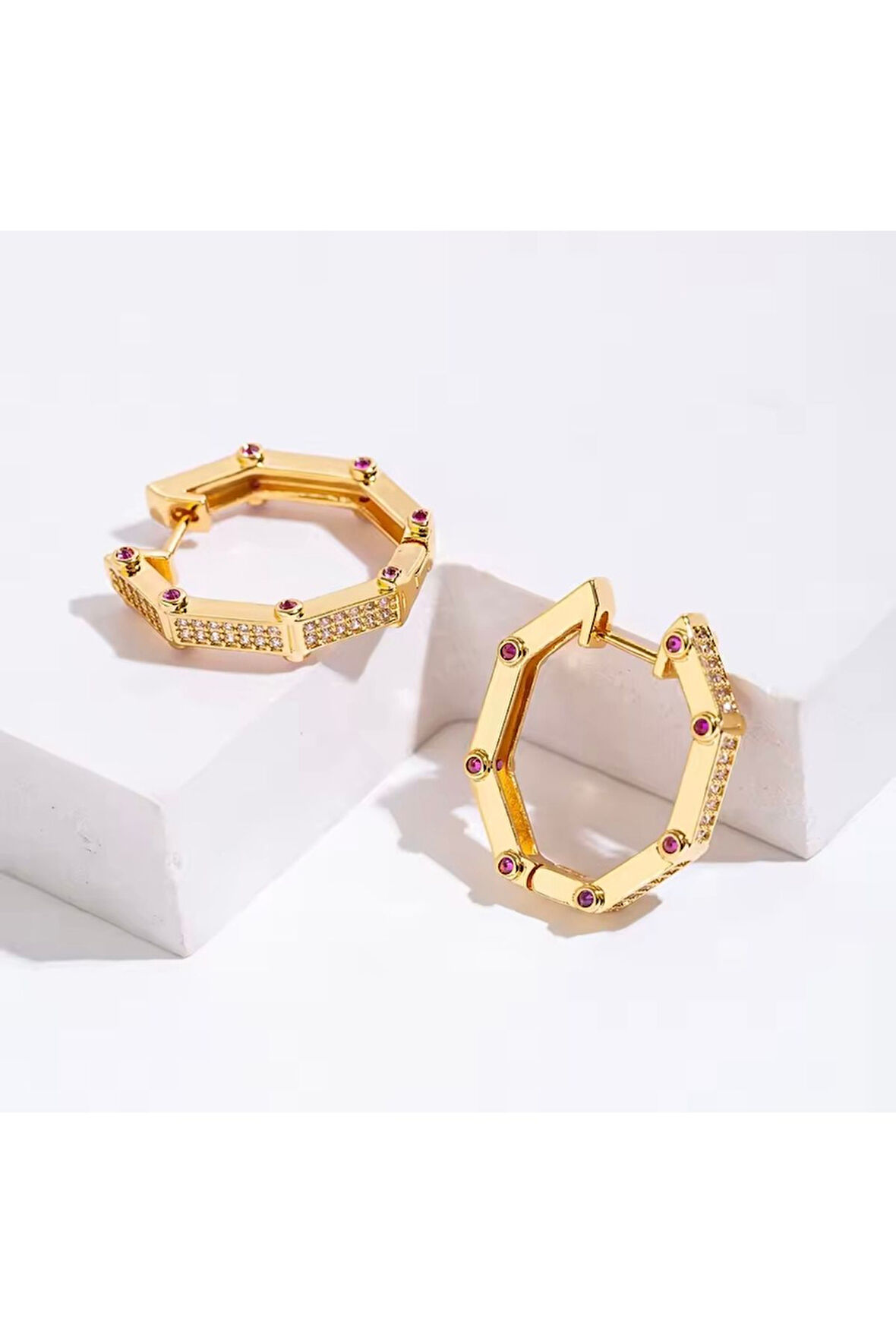 Çelik Baguetta Zirkon Taşlı Halka Kadın Küpe Gold Renk