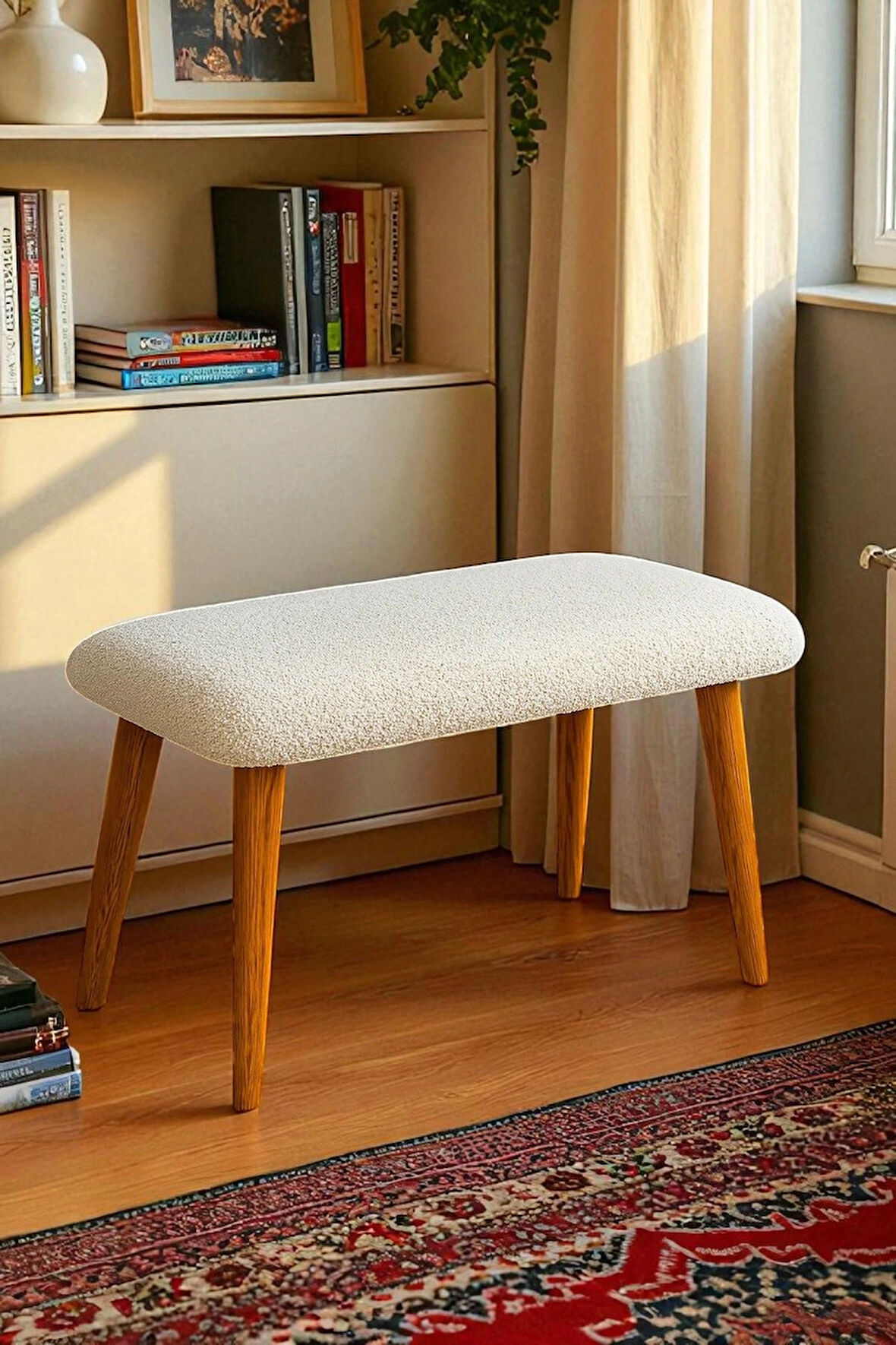  LUNO Dekoratif Teddy Peluş Bench – Geniş Pofidik Oturumlu Ahşap Ayaklı Puf