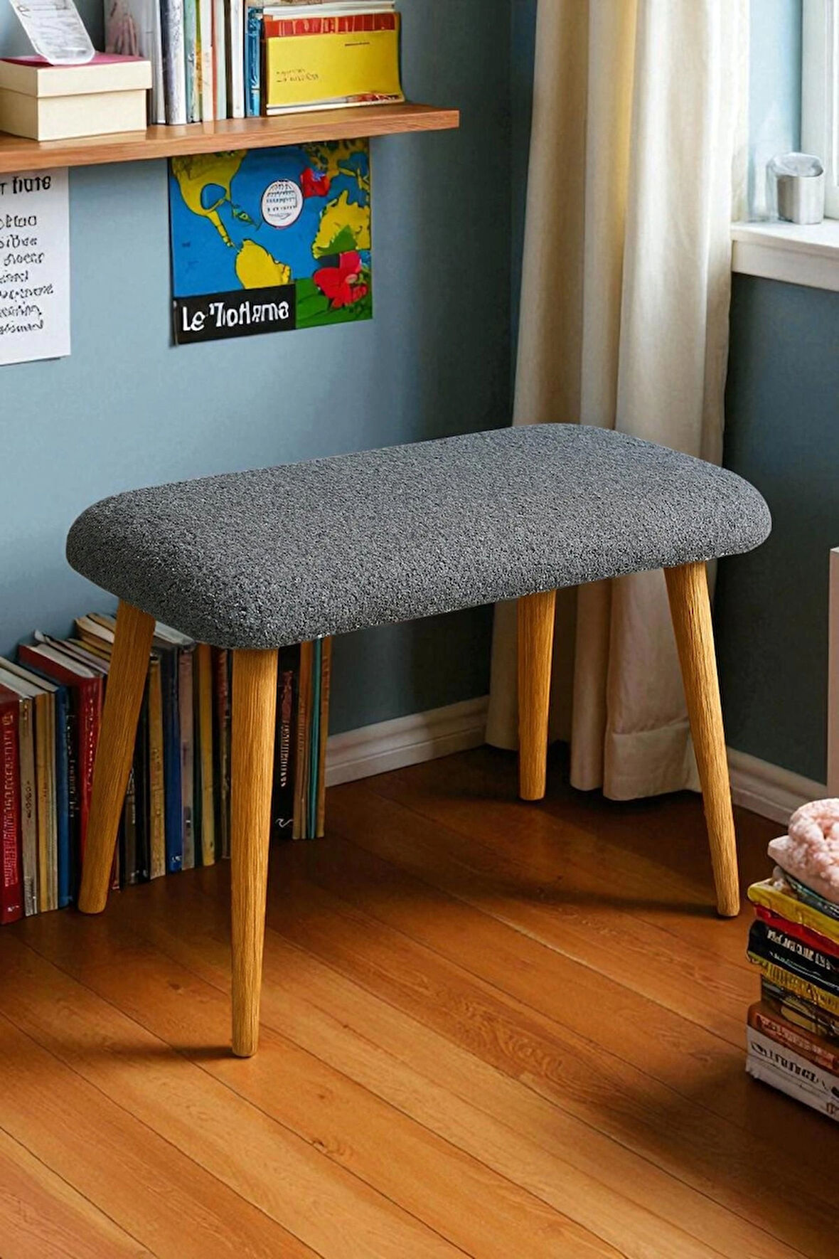  LUNO Dekoratif Teddy Peluş Bench – Geniş Pofidik Oturumlu Ahşap Ayaklı Puf