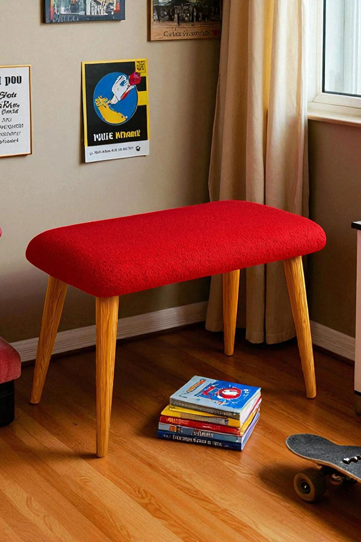  LUNO Dekoratif Teddy Peluş Bench – Geniş Pofidik Oturumlu Ahşap Ayaklı Puf