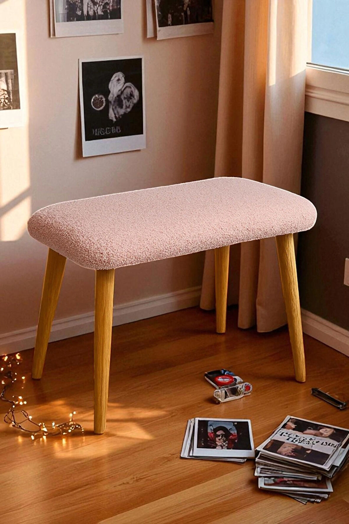  LUNO Dekoratif Teddy Peluş Bench – Geniş Pofidik Oturumlu Ahşap Ayaklı Puf
