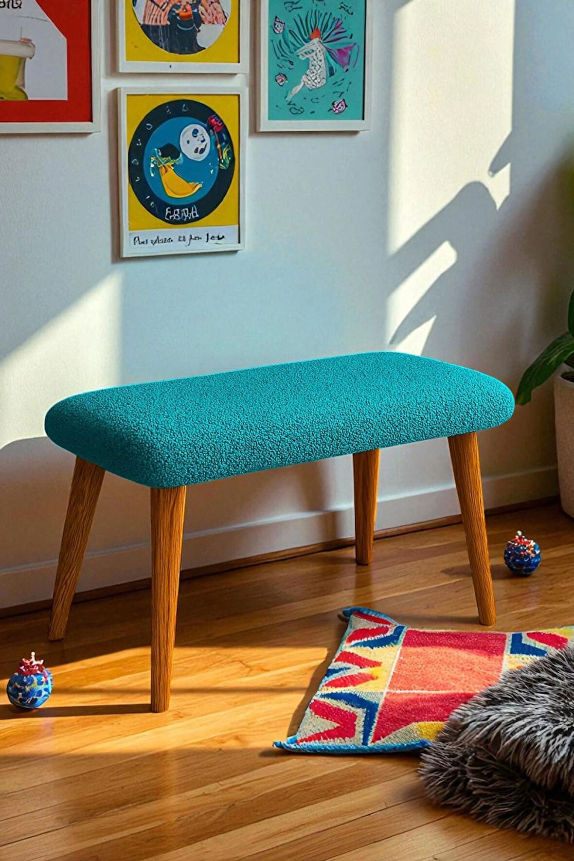  LUNO Dekoratif Teddy Peluş Bench – Geniş Pofidik Oturumlu Ahşap Ayaklı Puf
