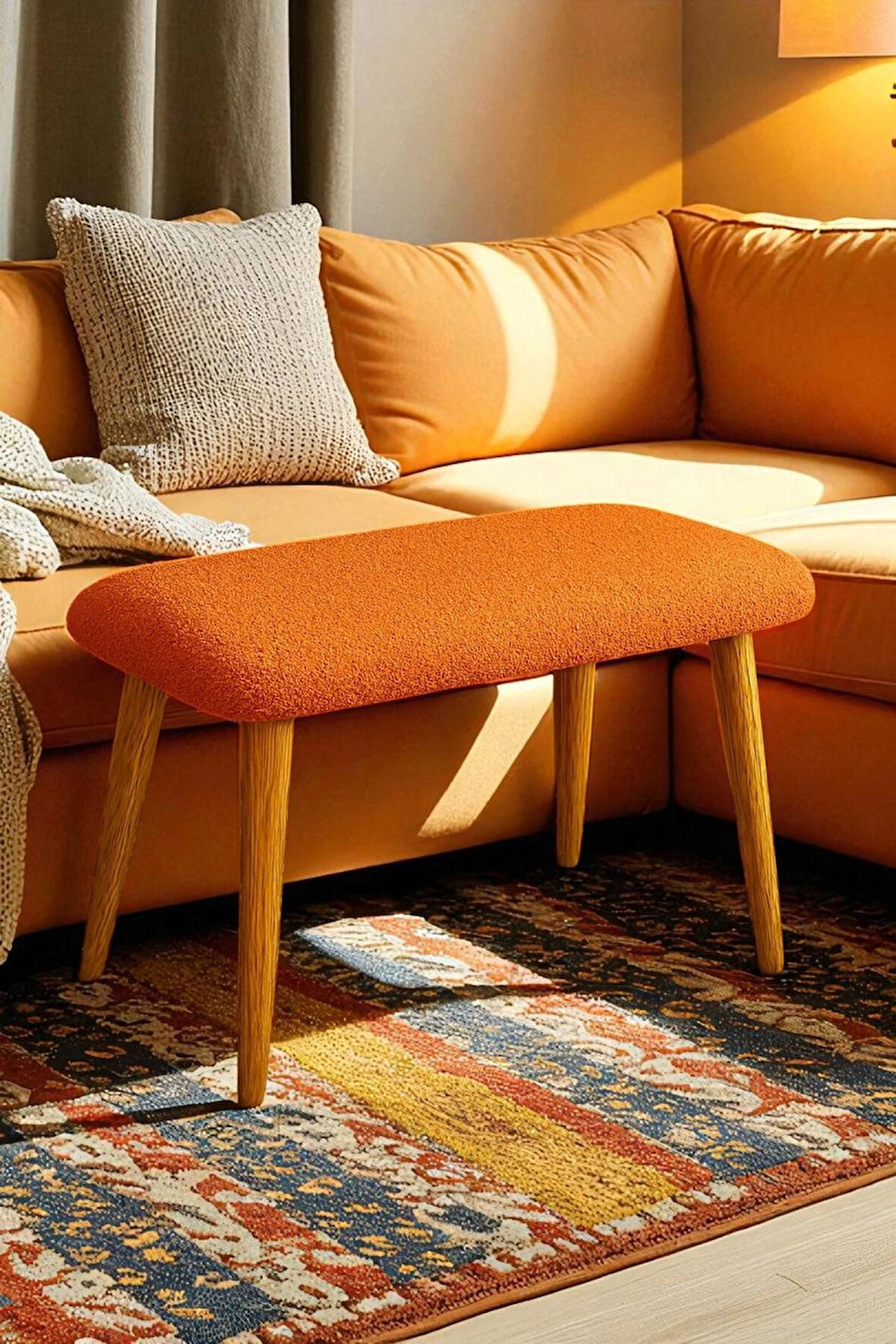  LUNO Dekoratif Teddy Peluş Bench – Geniş Pofidik Oturumlu Ahşap Ayaklı Puf