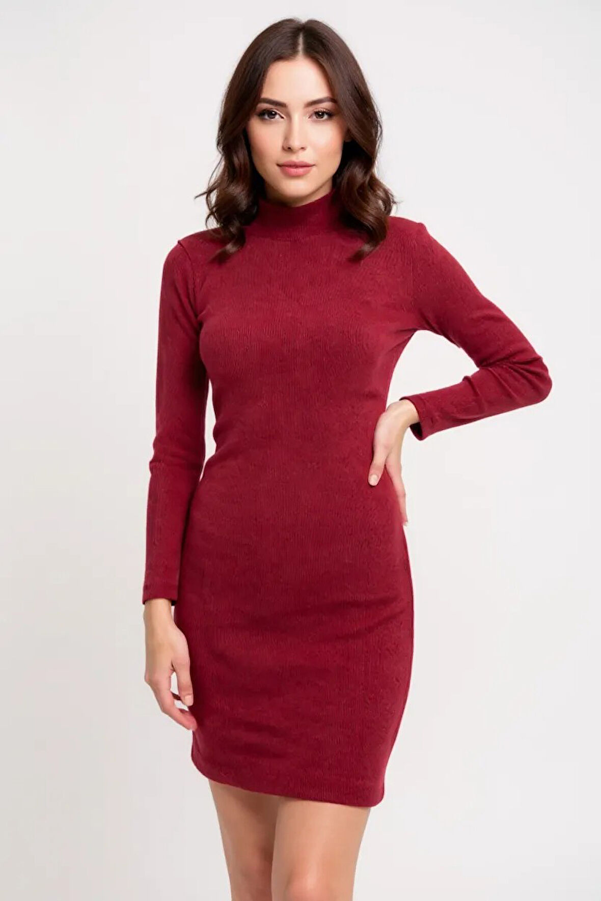Kadın Bordo Kaşkorse Balıkçı Yaka Uzun Kollu Bodycon Mini Elbise - Şık, Rahat ve 4 Mevsim