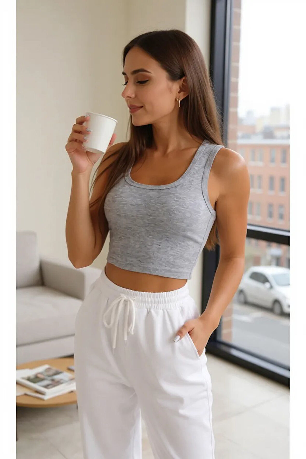 Kadın Gri Kare Yaka Crop Top Bluz - Şık, Rahat ve Kolay Kombinlenebilir