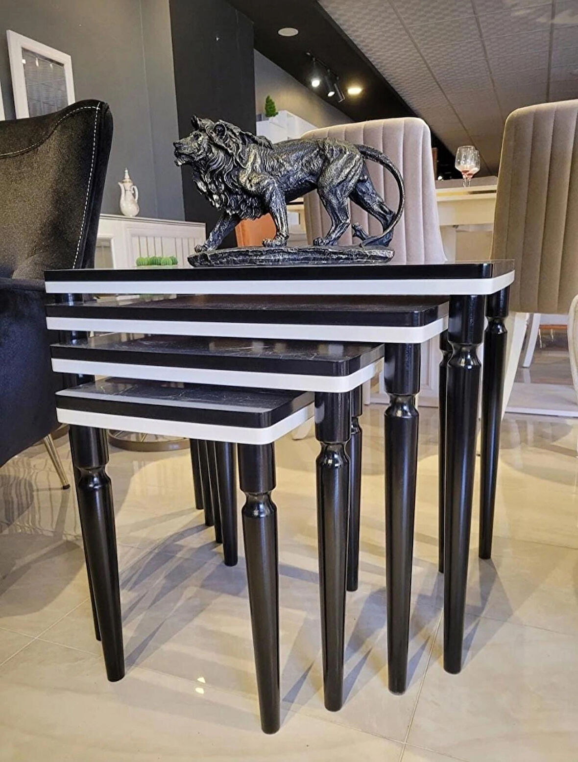 4lü Lüx Zigon Sehpa Siyah Mermer Krem