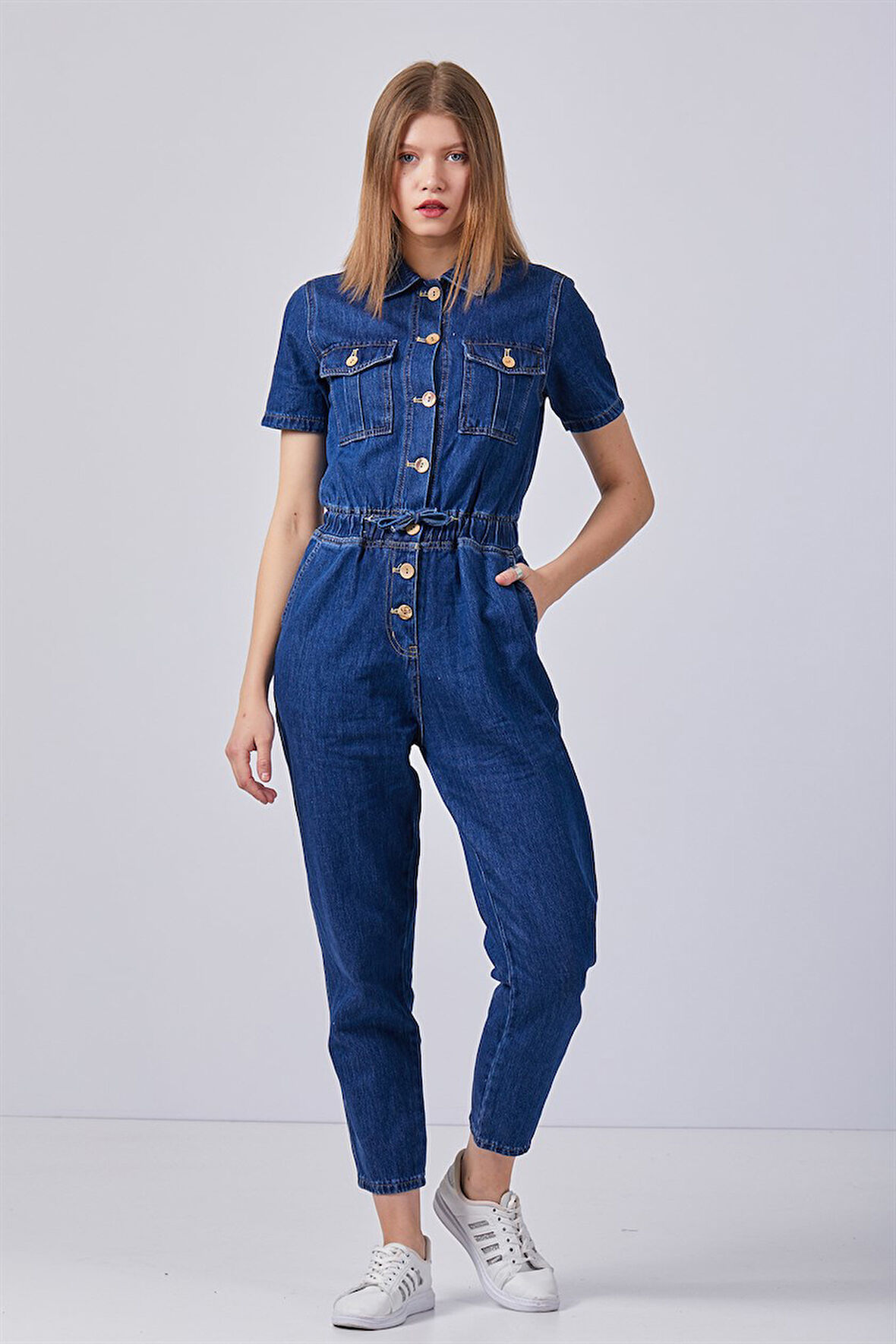 Önü Düğmeli Lacivert Kot Tulum