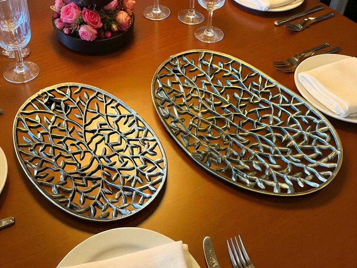 DEKORATİF METAL ESKİTME 2’Lİ TEPSİ TAKIMI OBJE SÜS EŞYA SALON AKSESUAR OFİS DEKOR