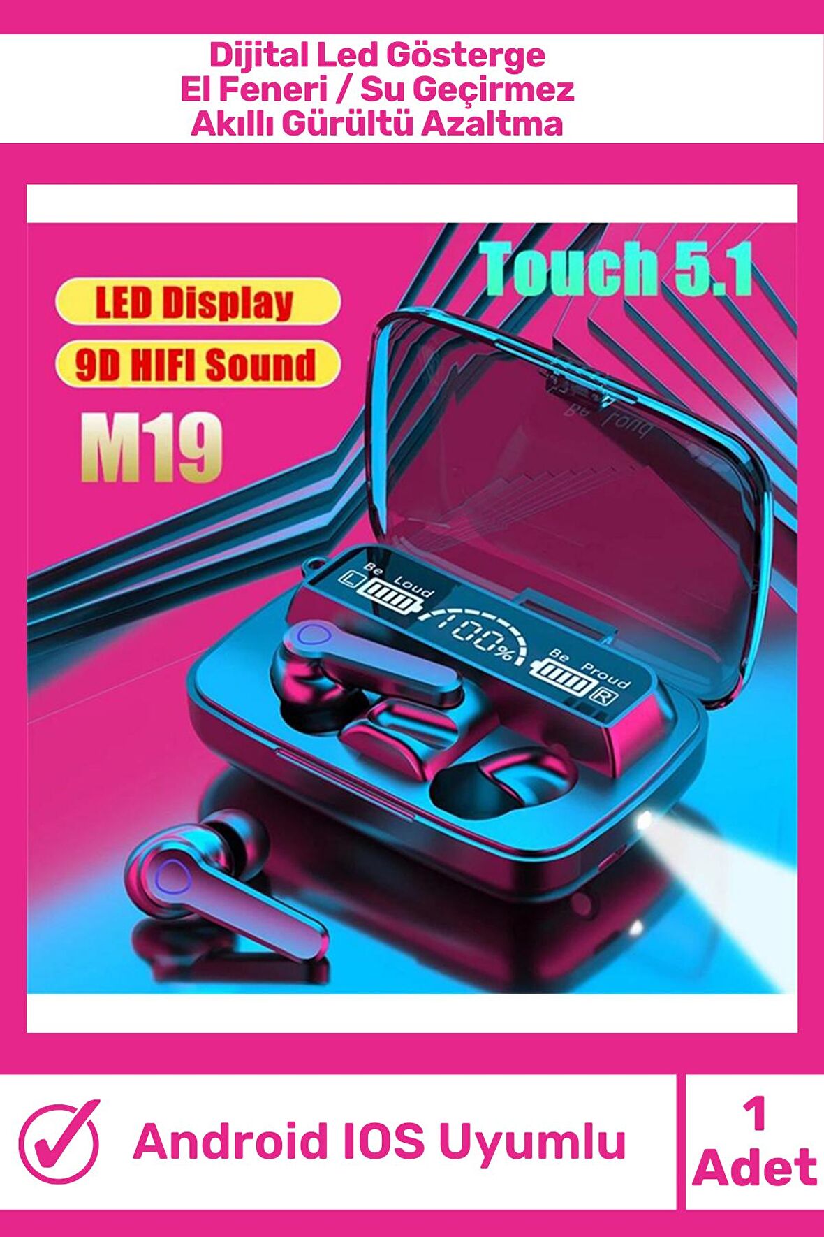M19 Bluetooh Kulaklık V5.1 Dijital Göstergeli Stereo Dokunmatik HD Ses