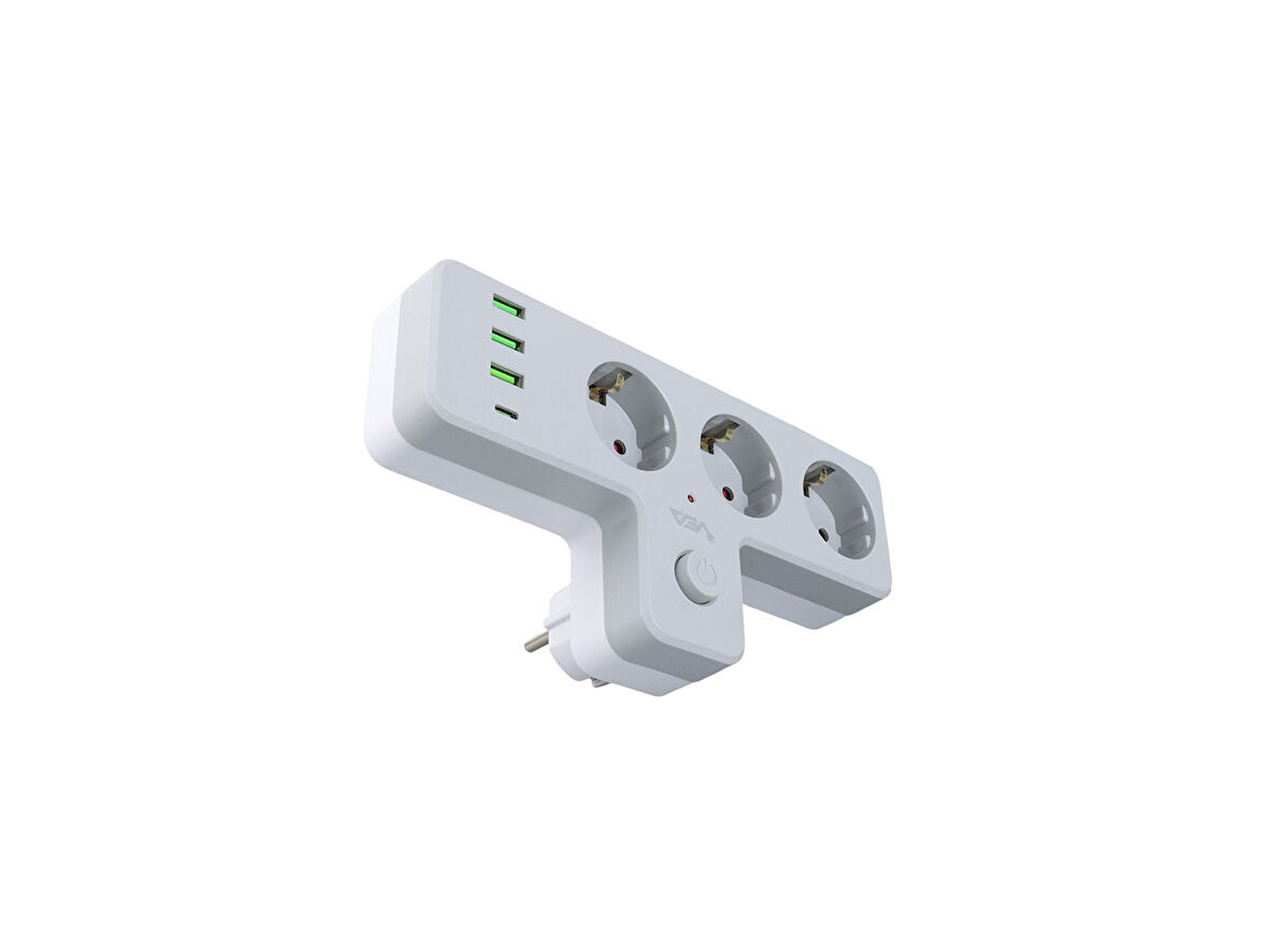 Anahtarlı Topraklı Priz Adaptörü, 3 SOKETLİ 3xUSB 2.4A, 1xTYPE-C 20 watt, AKIM KORUMALI PRİZ, 10 A, 2500 W, Duvar Fişi, USB Fişi, USB C Bağlantı Noktalı, Hızlı Şarj,