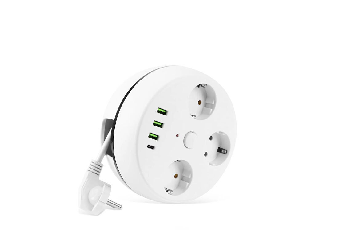 VEA 7 in 1 , Akım Korumalı Grup Priz, 3'LÜ, Anahtarlı, 3 Usb, 1 Type-c, 1.5 Metre Kablolu, Kablosu Toplanabilir Makaralı, 850 Derece Isıya Dayanıklı