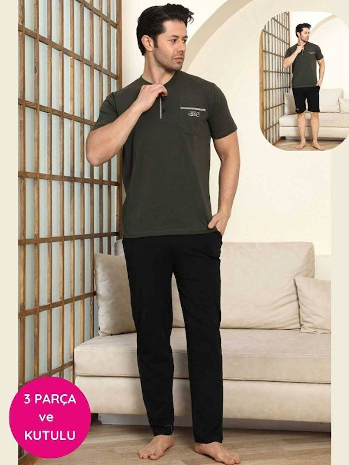 Erkek 3 Düğmeli Likralı Pamuk Kısa Kol Cepli Şortlu 3lü Pijama Takımı-3 Parça Kutulu Çeyizlik Set