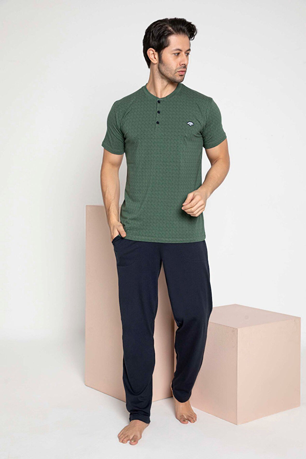 Erkek Ekose Desen 3 Düğmeli Bisiklet Yaka Bilek Manşetli Modal Mevsimlik Uzun Kol Cepli Pijama Takım