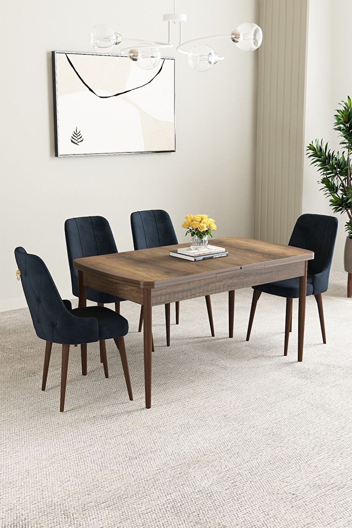 Mabel Barok Desen 80x132 Açılabilir Mdf Masa Yemek Odası Takımı, Mutfak Takımı 4 Adet Sandalye