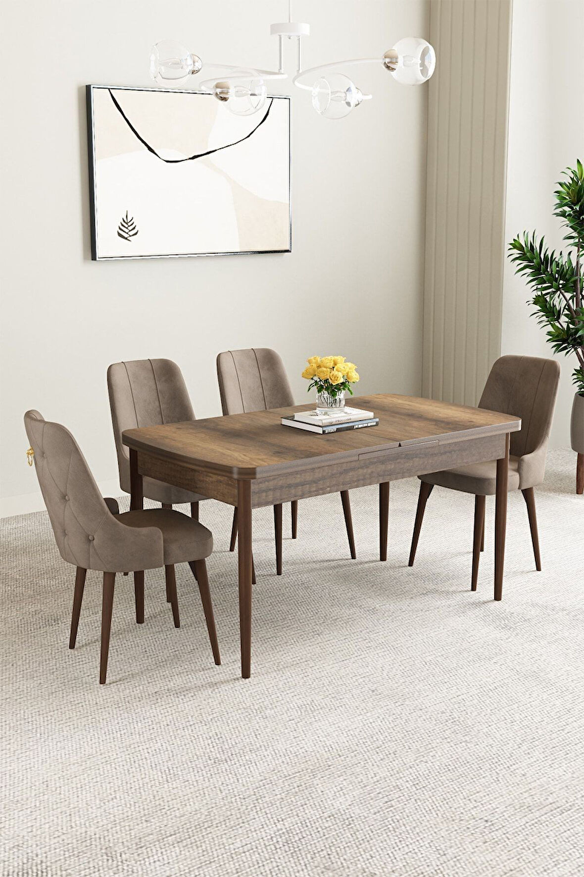 Mabel Barok Desen 80x132 Açılabilir Mdf Masa Yemek Odası Takımı, Mutfak Takımı 4 Adet Sandalye