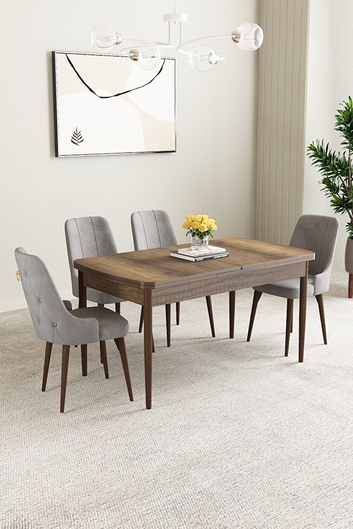 Mabel Barok Desen 80x132 Açılabilir Mdf Masa Yemek Odası Takımı, Mutfak Takımı 4 Adet Sandalye