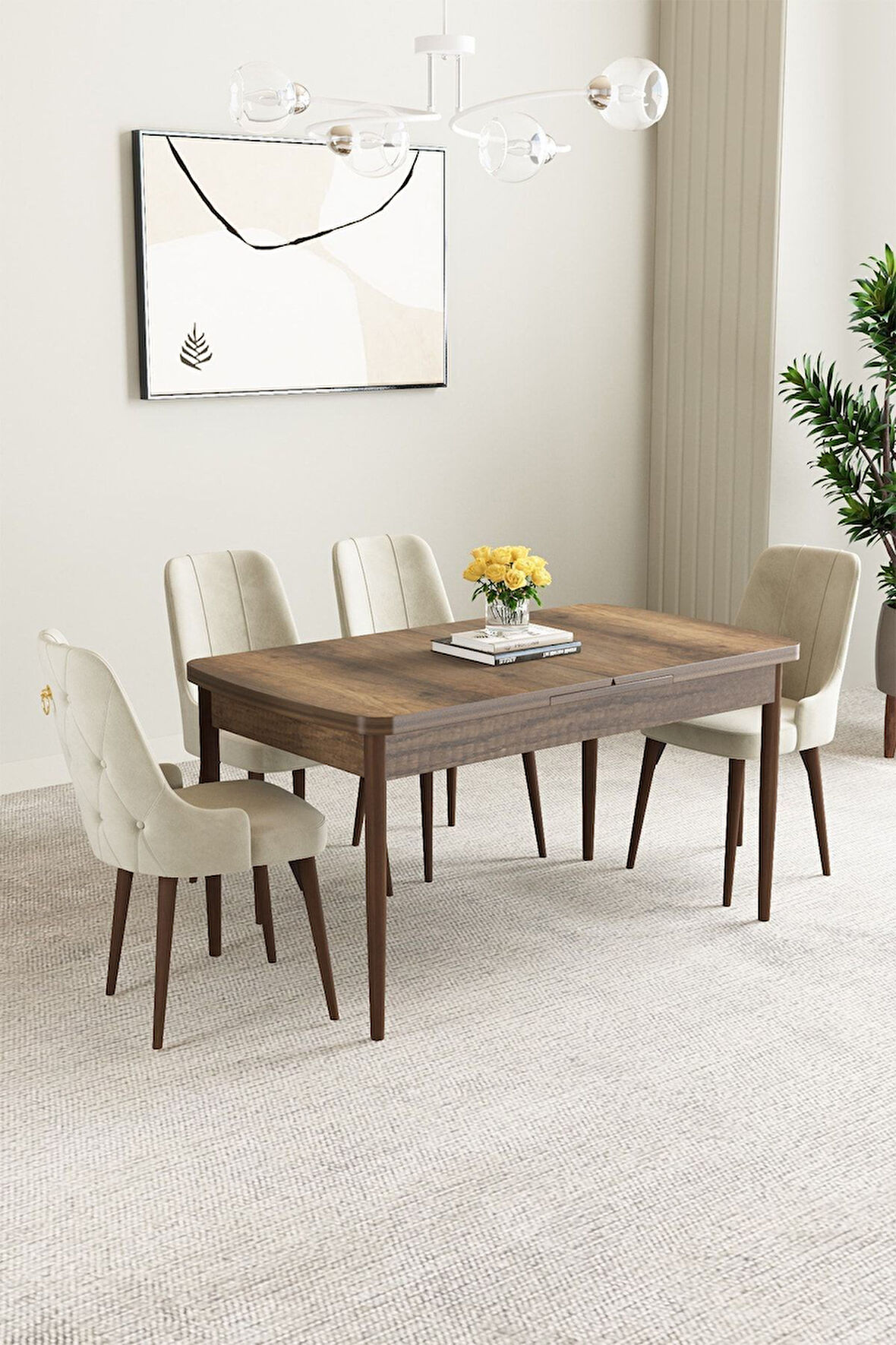 Mabel Barok Desen 80x132 Açılabilir Mdf Masa Yemek Odası Takımı, Mutfak Takımı 4 Adet Sandalye