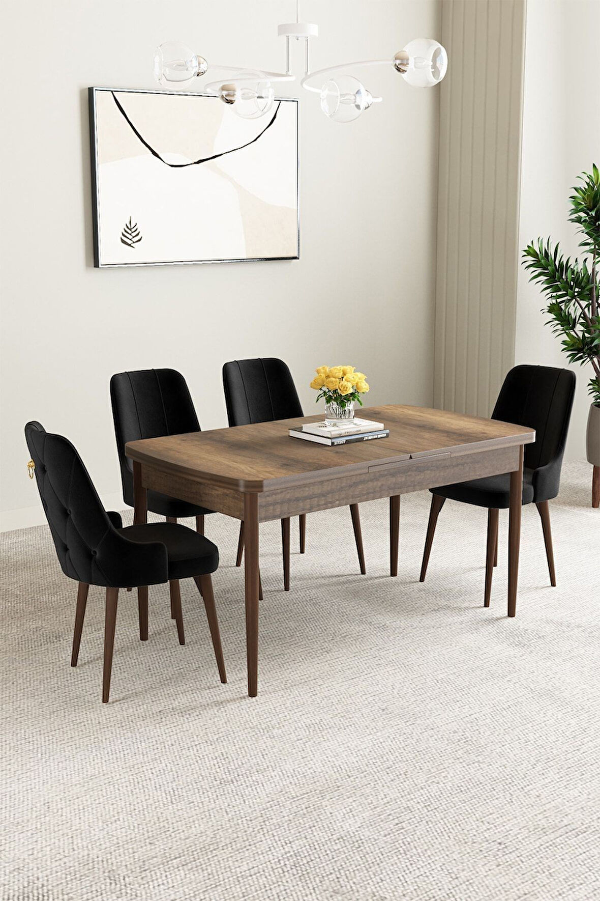 Mabel Barok Desen 80x132 Açılabilir Mdf Masa Yemek Odası Takımı, Mutfak Takımı 4 Adet Sandalye