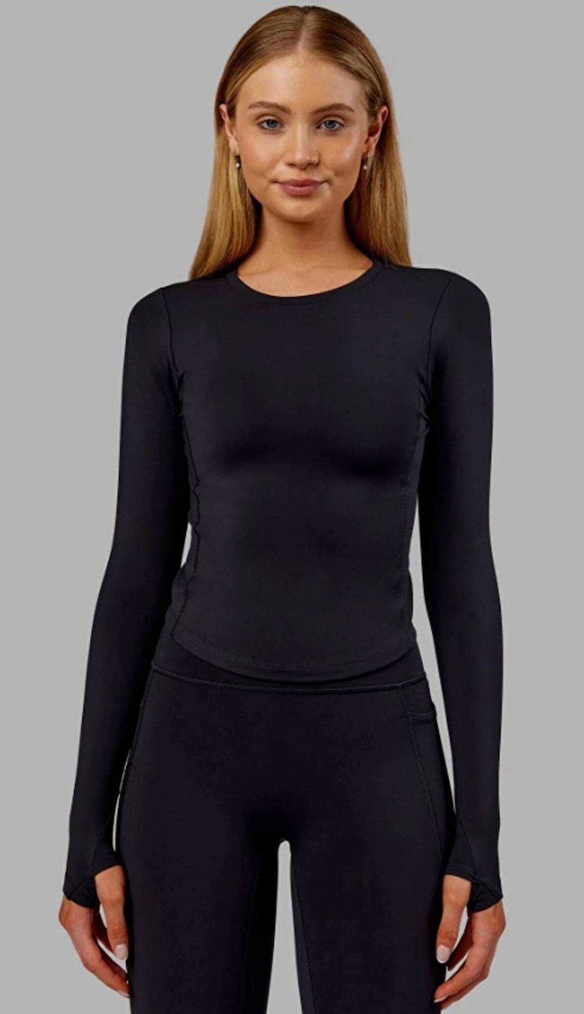 Siyah  Bisiklet Yaka Uzun Kol Body DARKALIP Cotton Ribana Kumaş Parmak Geçmeli  Jimnastik Spor Body