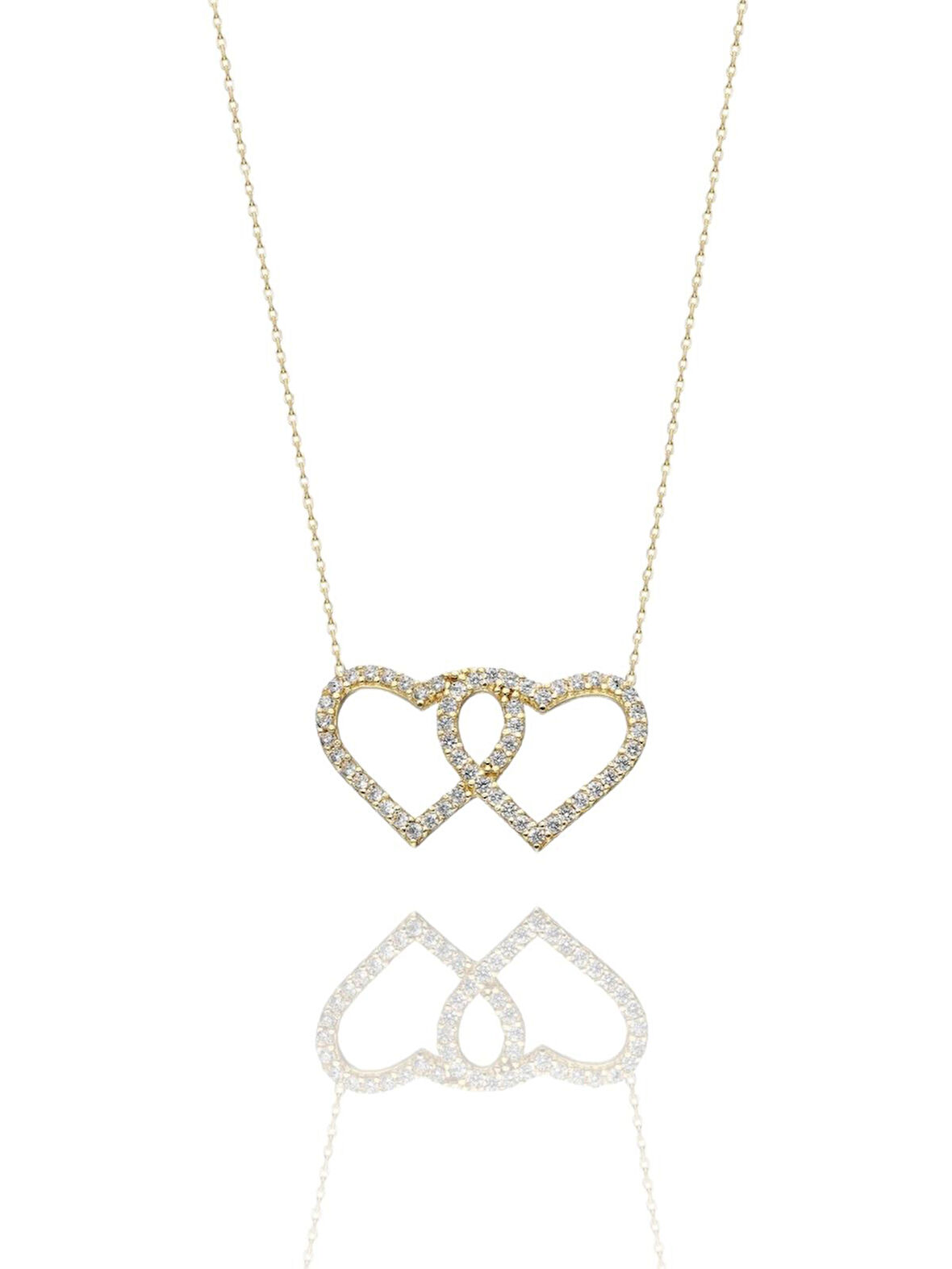 Çift İki Kalp Yan Yana Çok Şık 14 Ayar Altın Kolye