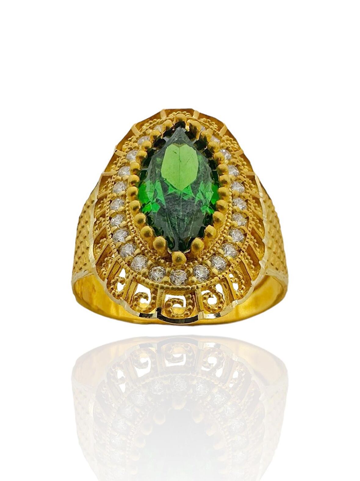 Zümrüt Taşlı Maraş İşçiliği Mekik 8 Ayar Altın Yüzük