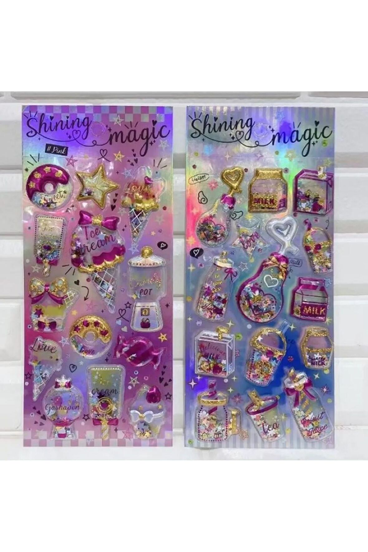 2 sayfa Shining magic model-3 glitter kabartma şeffaf telefon tablet çocuk sticker etiket çıkartma