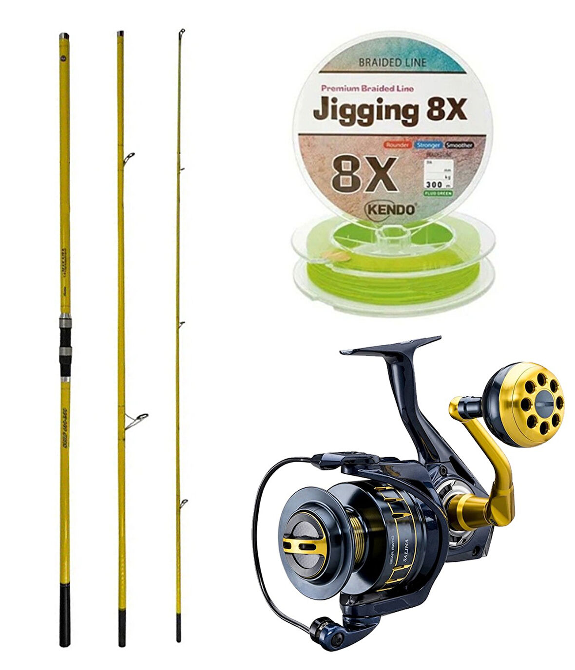 YekOutdoor Profesyonel Olta Seti Okuma Makaira Surf 4,30 cm 100-250 3 Parça Yellow Surf Kamışı&Okuma Salina SA-8000A Blue 6+1BB Olta Makinesi