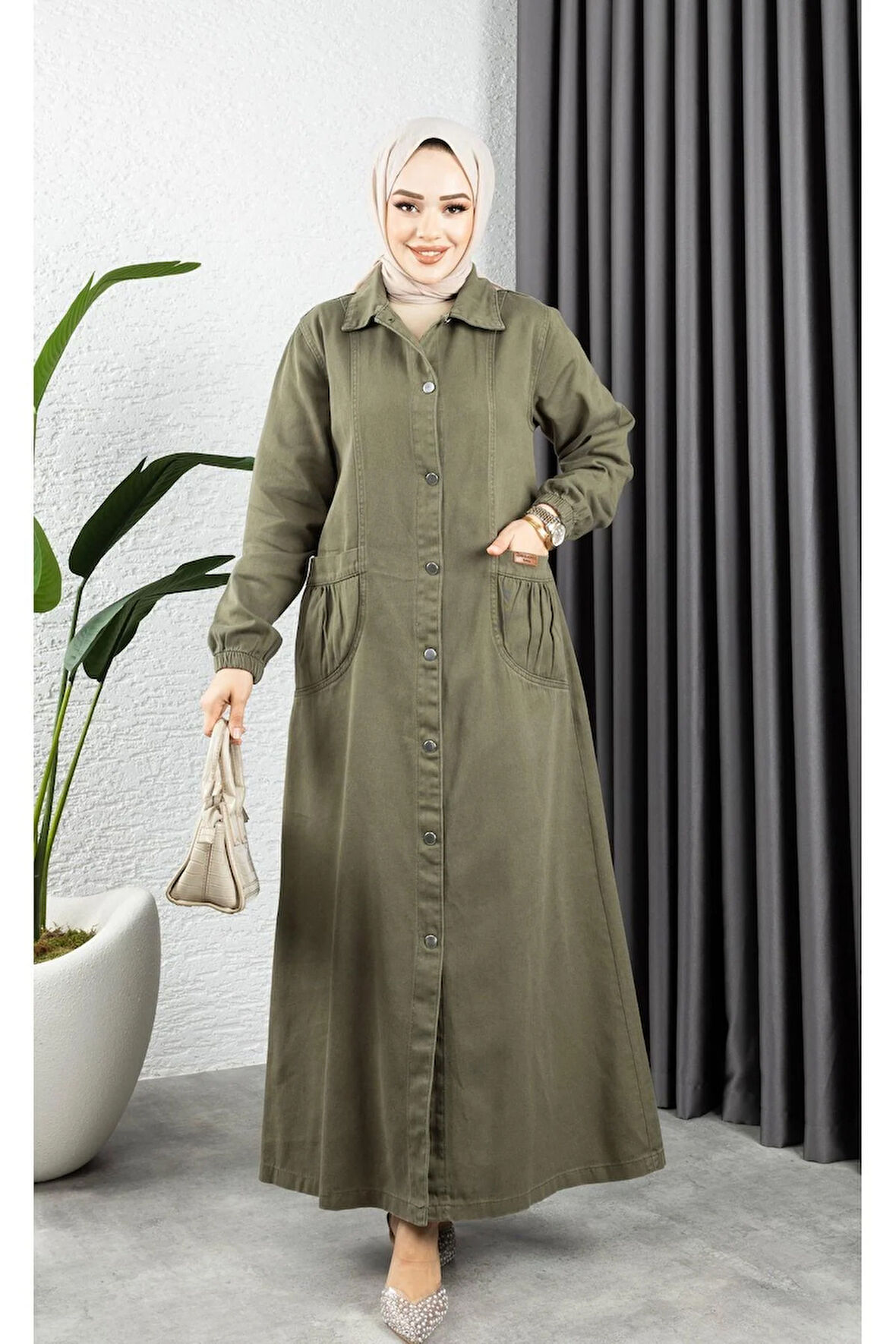 Kadın Düğmeli Torba Cepli Gabardin Kap