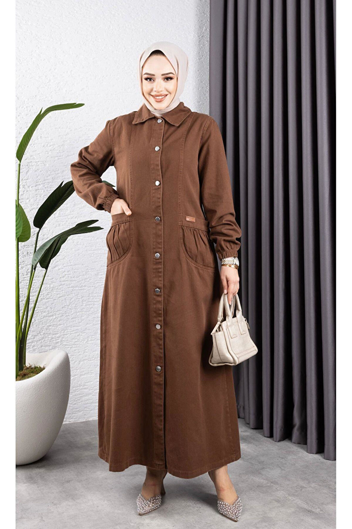 Kadın Düğmeli Torba Cepli Gabardin Kap