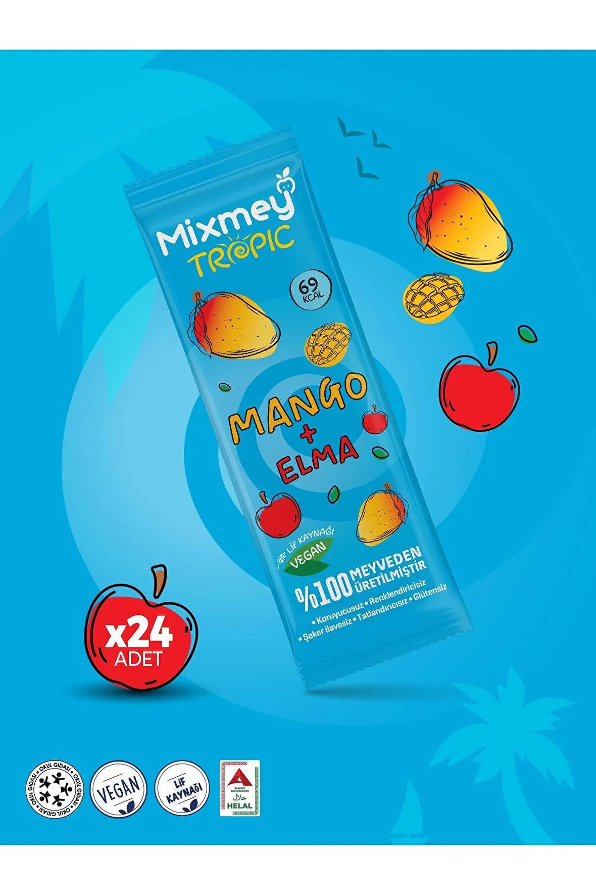 Mixmey Mango Meyve Bar 24 Adet | Doğal Ve Glutensiz Sağlıklı Atıştırmalık - 20gr X 24 Adet