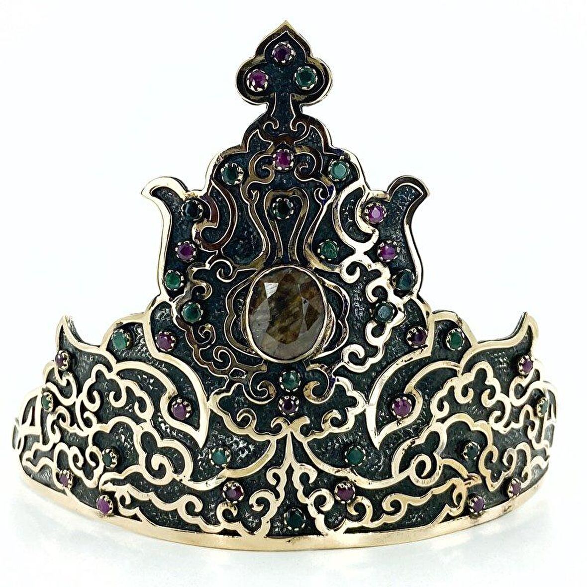 Granat,Yakut,Zümrüt Taş El Üretim Osmanlı İşlemeli Gümüş Taç