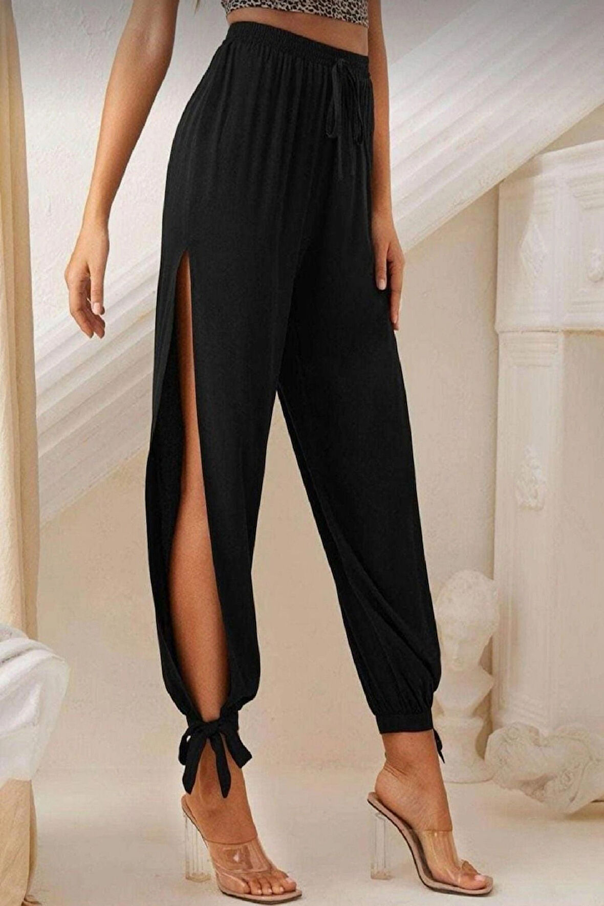 YIRTMAÇLI AYAK KISMINDAN BAĞLAMALI TARZ PANTOLON
