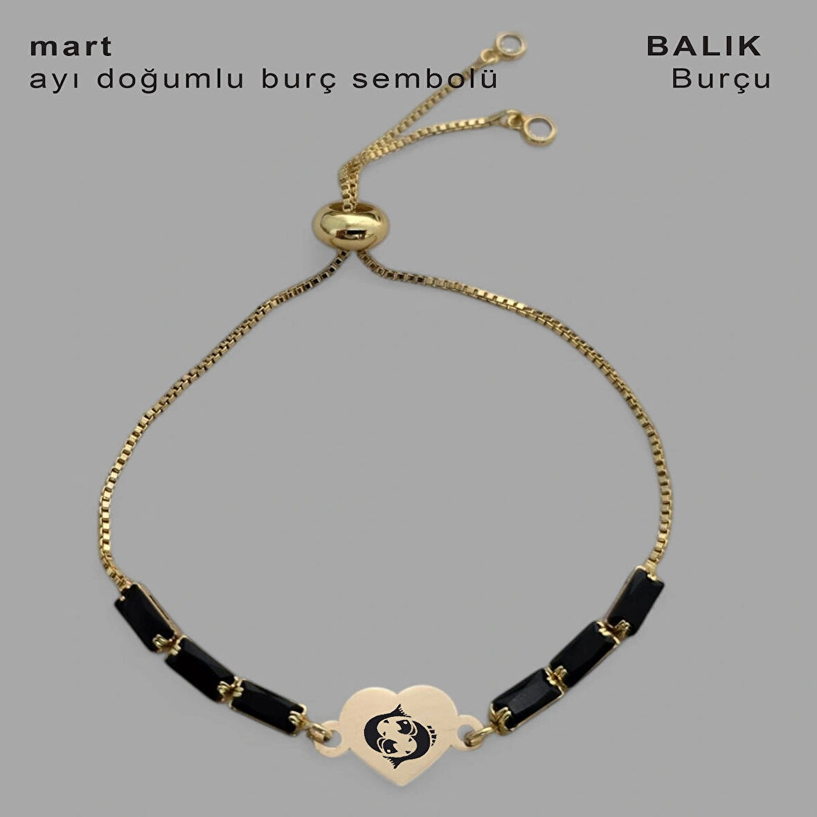 Benzersiz Kalp Motifli ve Siyah Taş Desenli 14 Ayar Altın Plakalı Mart Bilekliği