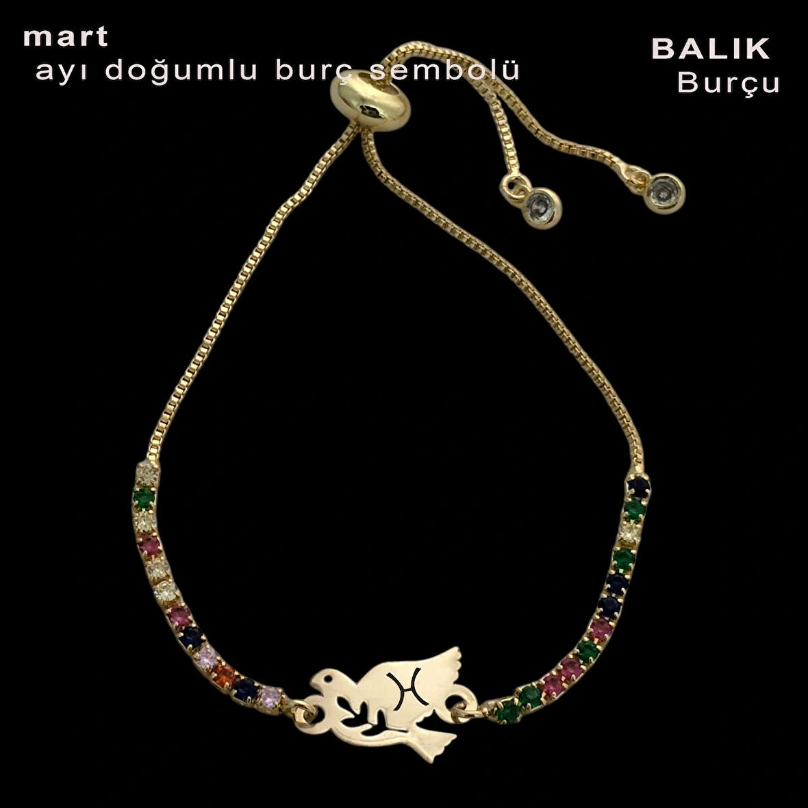 Baharın taptaze enerjisiyle, Şık Kuş Motifli, 14 Ayar Altın Plakalı ve Parlak Renkli Taşlı Mart Bilekliği