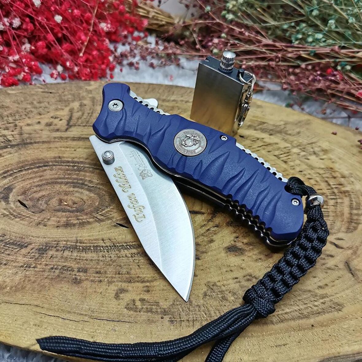 22 cm orjinal columbia ipli askeri personel bıçağı yanında zippo kibrit ile birlikte
