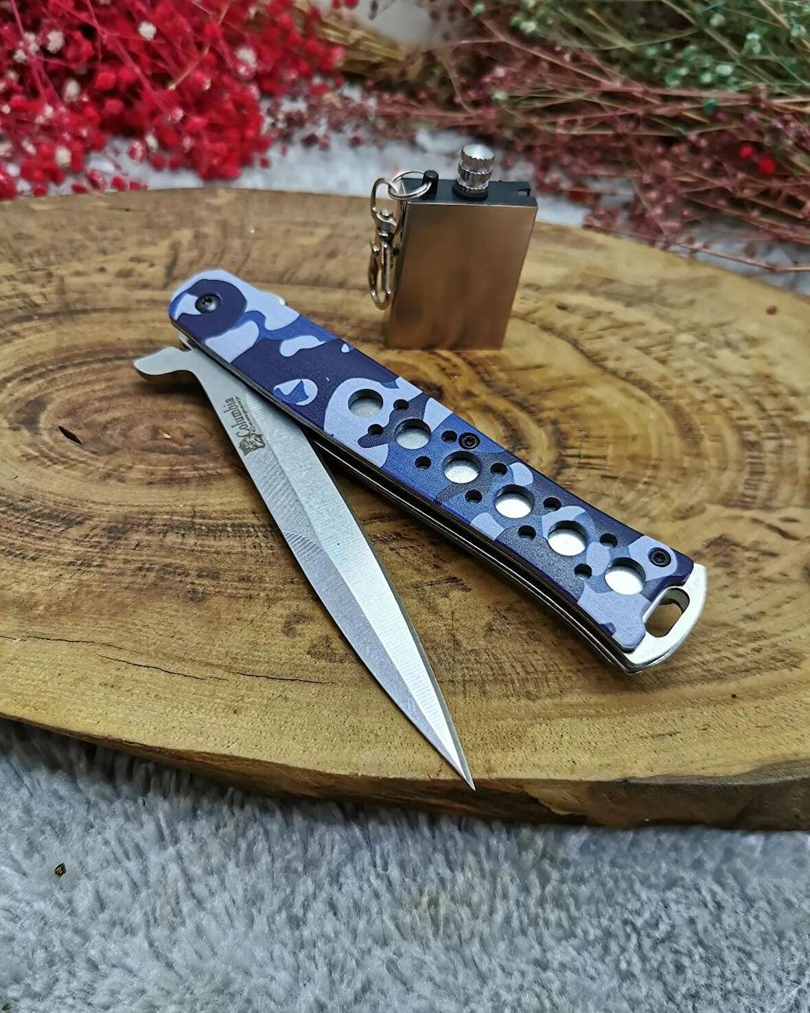 23 cm orjinal columbia manuel komple çelik bıçak yanında zippo kibrit ile birlikte