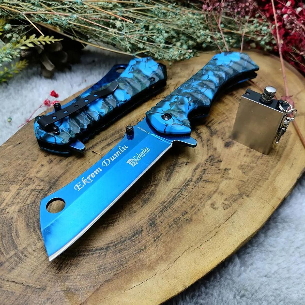 23 cm orjinal columbia soft kabze tanto otomatik bıçak yanında zippo kibrit ile birlikte