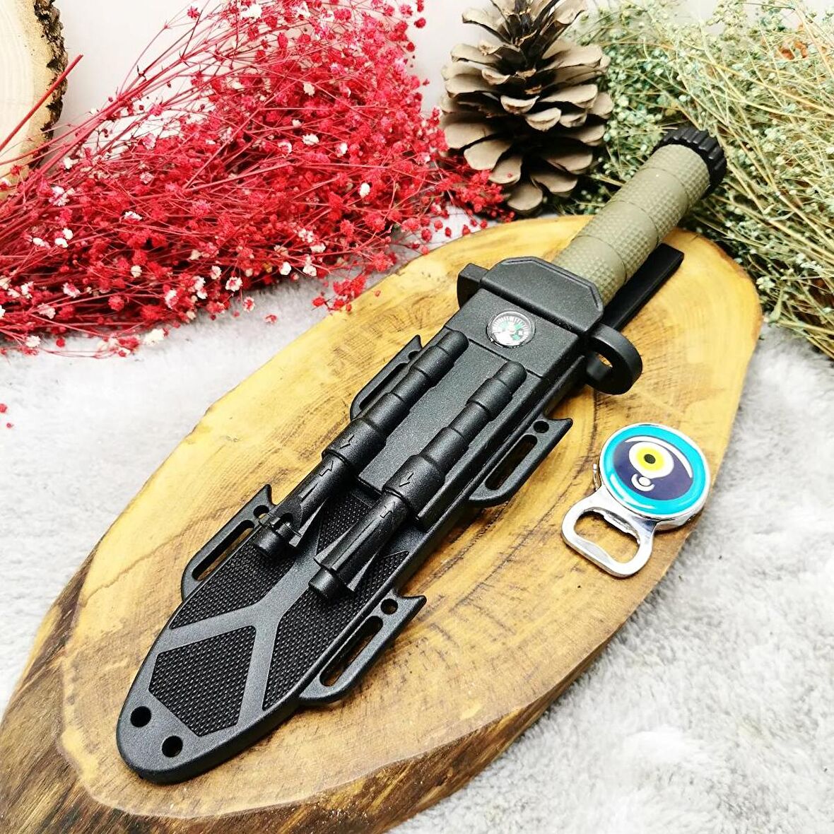 30 cm columbia çelik hem magnezyum çubuklu hem bileme aparatlı çelik sert kılıflı (pusulalı kılıf) yanında açacaklı çakmak ile birlikte