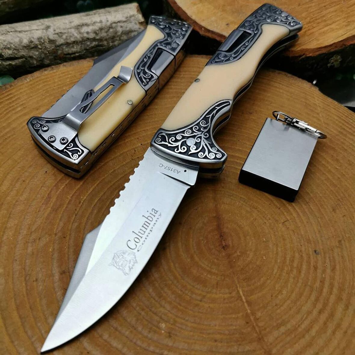 23 cm orjinal columbia kabze emniyetli gravür işlemeli çelik bıçak yanında zippo kibrit ile birlikte