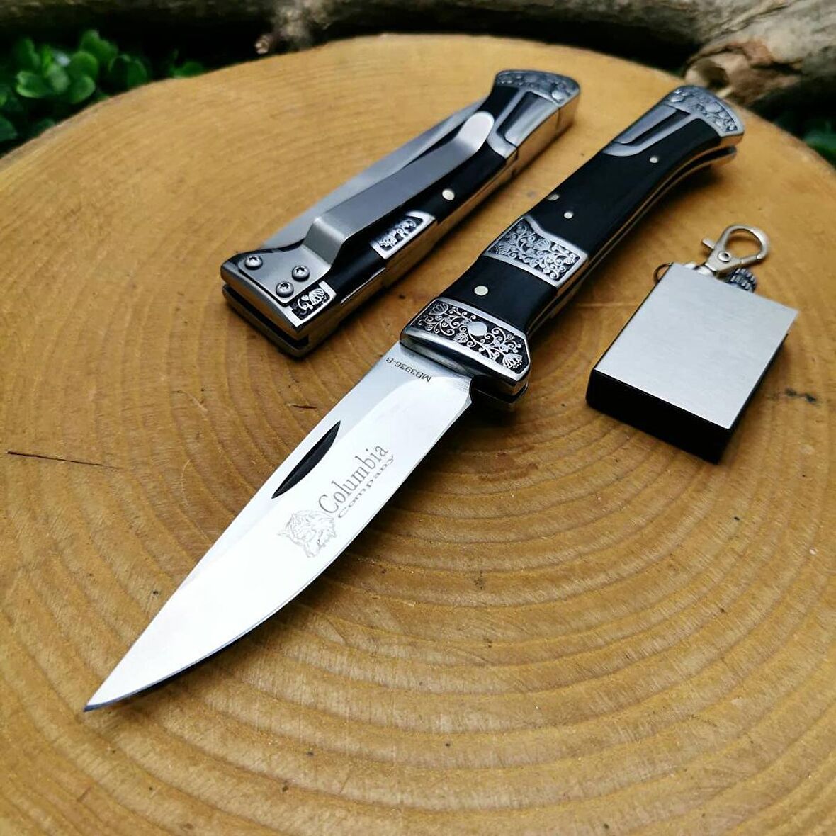 21 cm orjinal columbia gravür işlemeli manuel kabze emniyetli bıçak yanında zippo kibrit ile birlikte