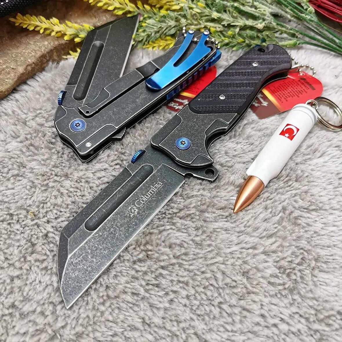 22 cm orjinal columbia kılıflı komple çelik bıöak yanında mermi anahtarlık ile birlikte