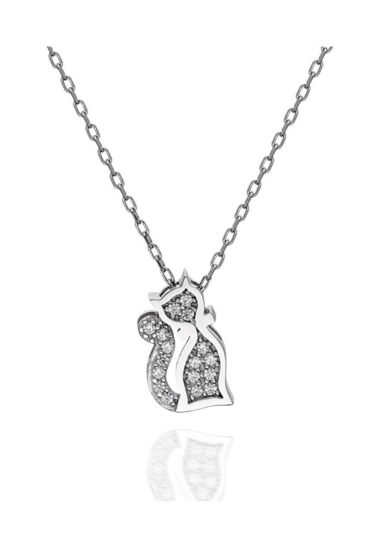 Sertifikalı Swarovski Taşlı Kedi 925 Gümüş Kolye