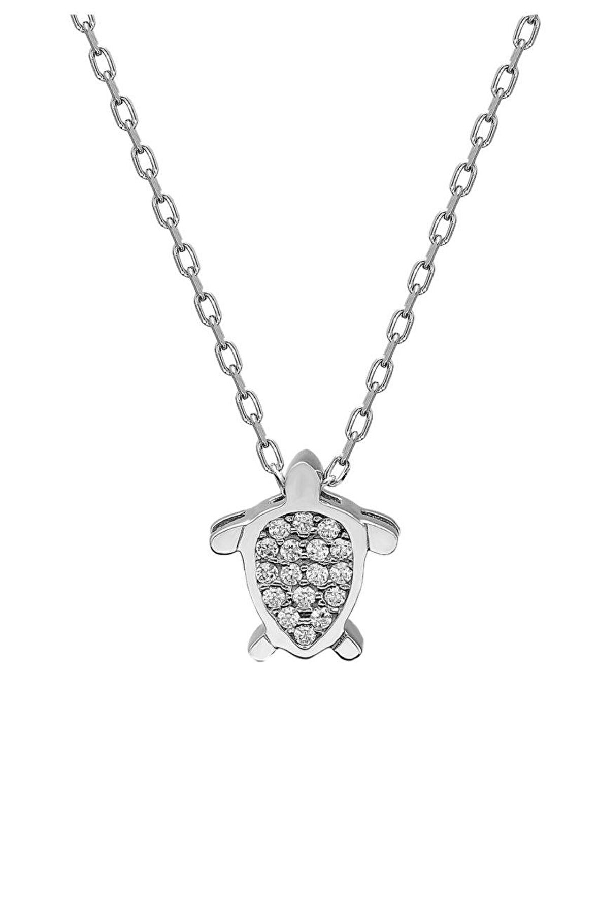 Sertifikalı Swarovski Taşlı Minik Kaplumbağa 925 Gümüş Kolye