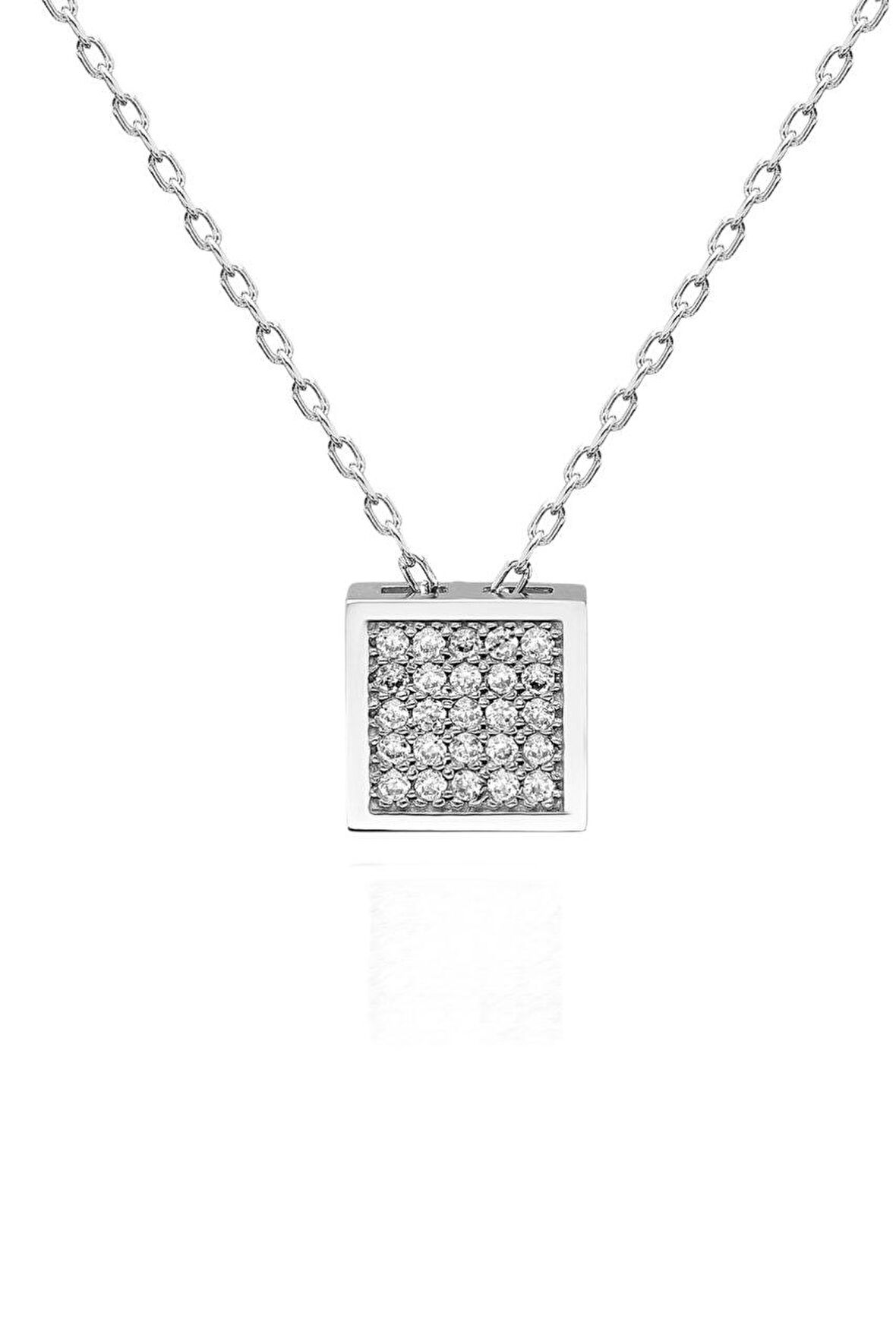 Sertifikalı Swarovski Taşlı Kare 925 Gümüş Kolye