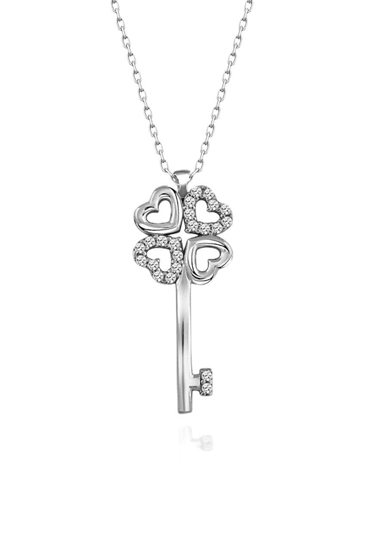 Sertifikalı Swarovski Taş Yonca Anahtar 925 Gümüş Kolye
