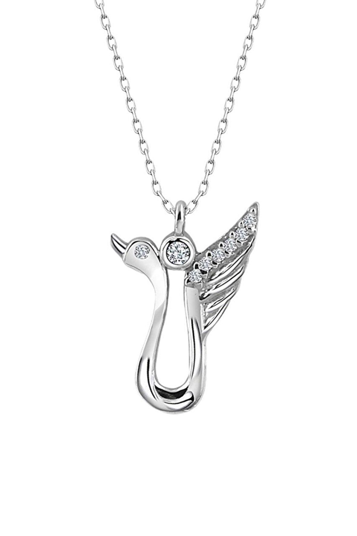 Sertifikalı Swarovski Taşlı Turna Kuşu 925 Gümüş Kolye