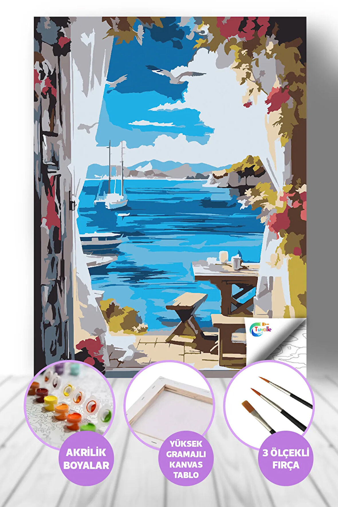 Mavi Pencere Sayılarla Boyama Seti, Hobi Seti, 40X50 Tablo, Fırça Boya, Numaralı Tuval