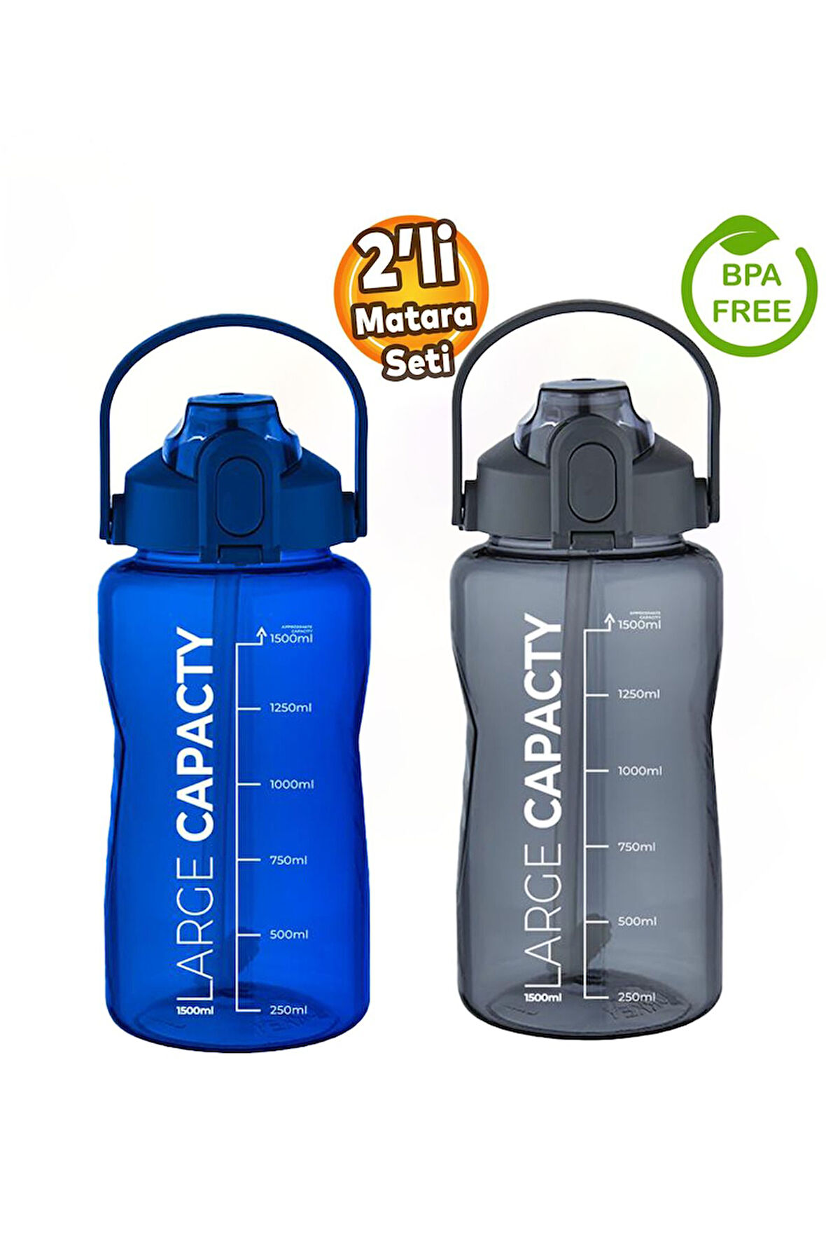 Sağlıklı Polikarbon 1.5L Su Matarası - Pipetli, Taşınabilir, Mavi Gri Renk, Büyük Kapasiteli Suluk