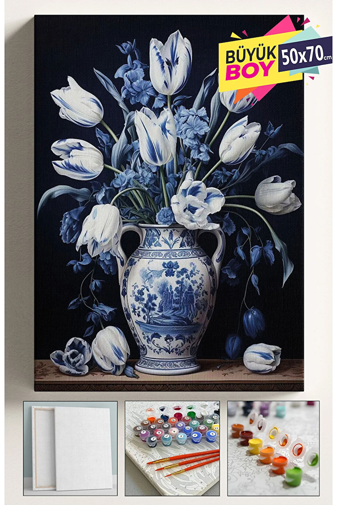 Sayılarla Boyama Seti Numaralı Tuval Fırça Boya Dahil Kasnaklı Set 50x70 Cm - MAVİ VAZO